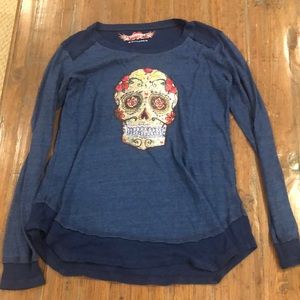 So Nikki Women's royal blue long sleeve skull top